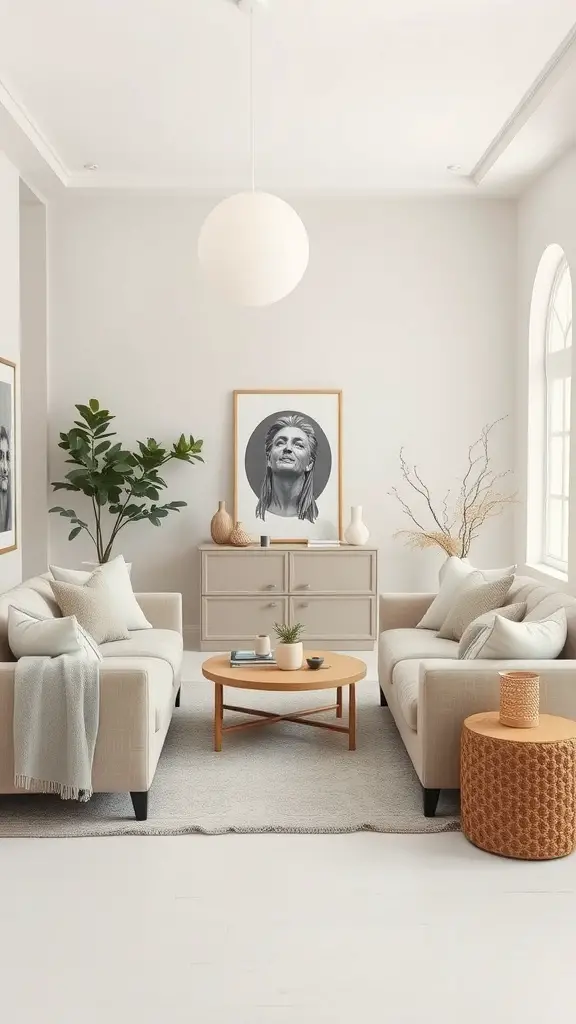 A serene living room with neutral colors, featuring beige sofas, a wooden coffee table, and green plants.