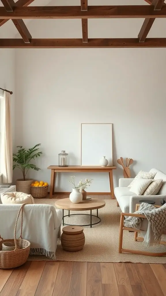 A cozy living room with neutral tones and wooden accents, featuring soft sofas, a round coffee table, and plants.