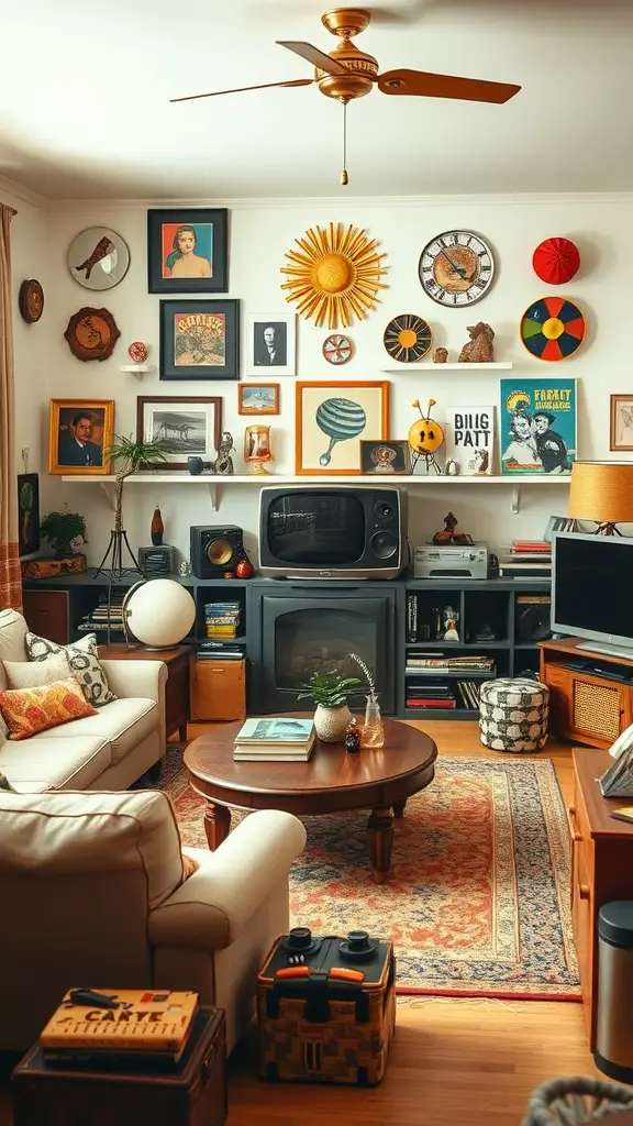 Cozy living room with vintage decor and nostalgic accessories from the 70s.