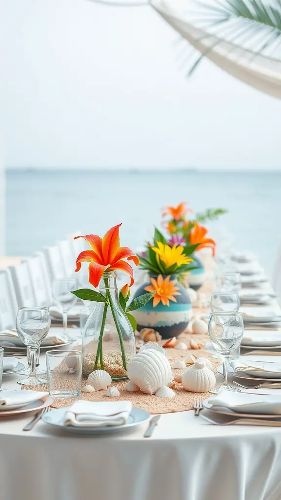A beautifully arranged ocean-inspired table centerpiece with flowers and seashells.