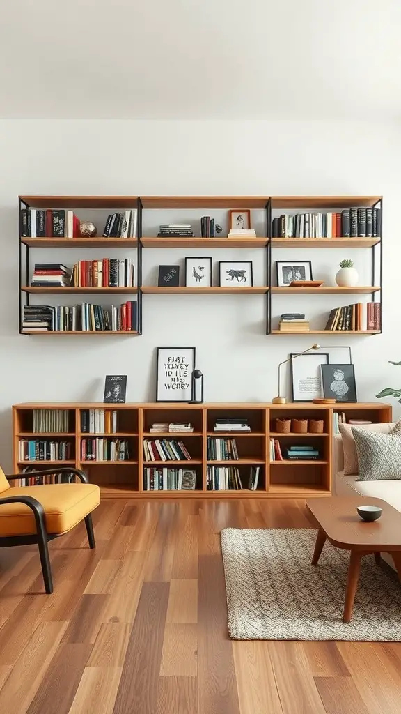 A modern living room with open shelving displaying books and decorative items, featuring wood floors.