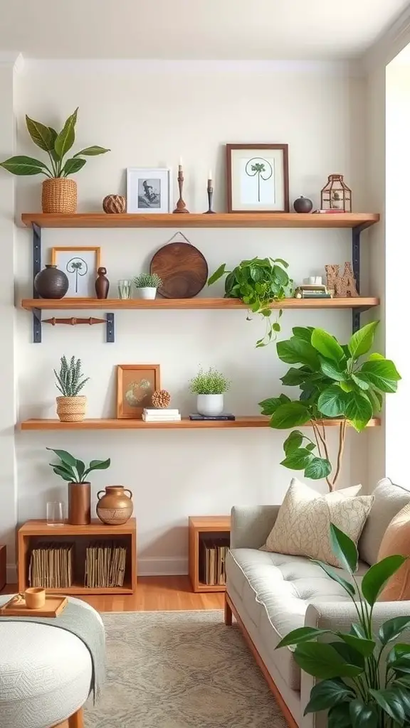 Open shelving in a rustic modern living room displaying plants, artwork, and pottery.