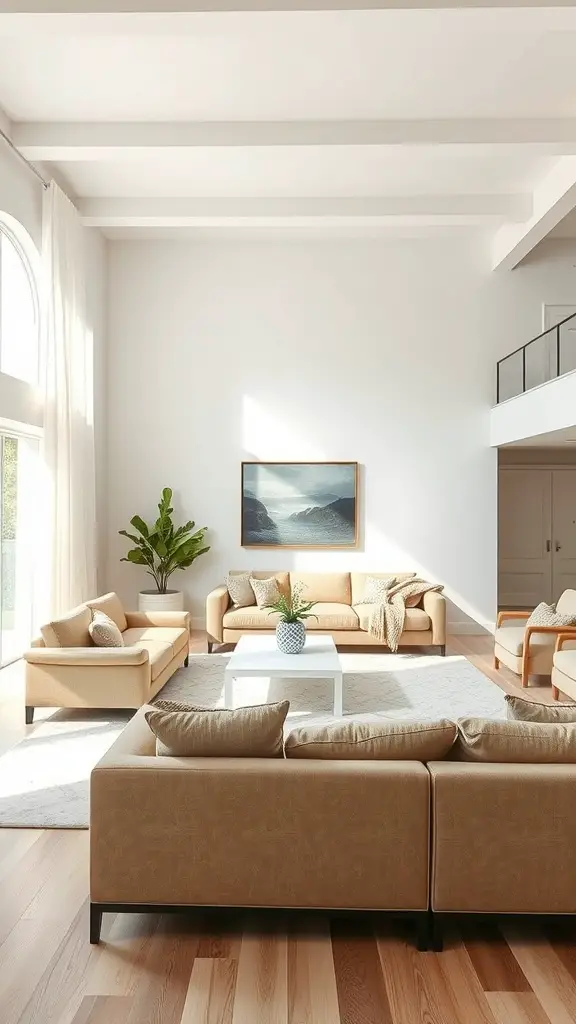 A spacious beige and white living room with natural light, featuring multiple seating arrangements and a central coffee table.