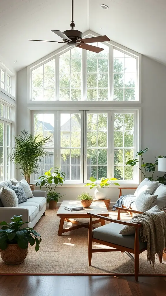 Bright living room with large windows, plants, and cozy furniture.