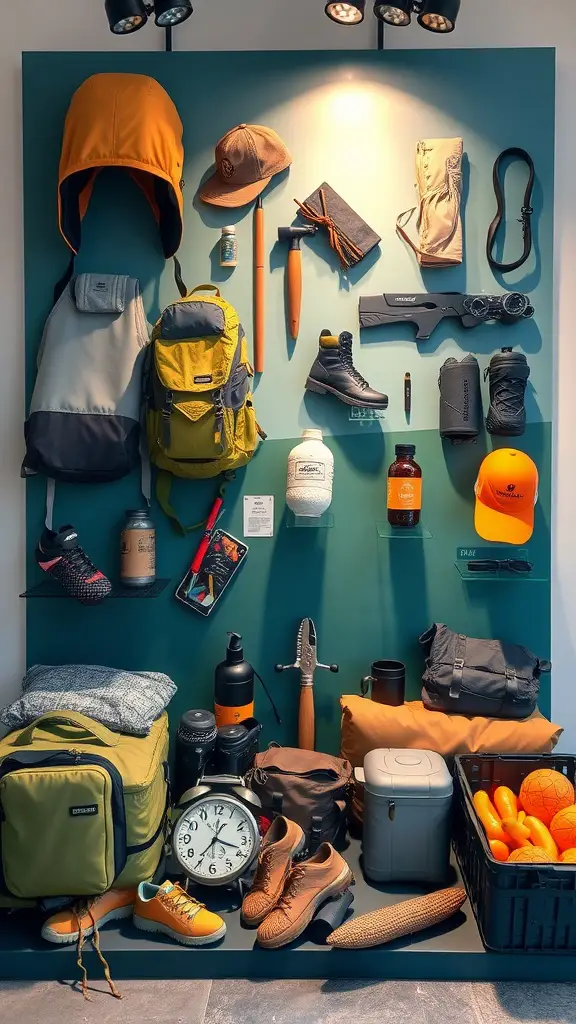 Window display featuring outdoor adventure gear including boots, backpacks, and paddles, set against a mountain backdrop.