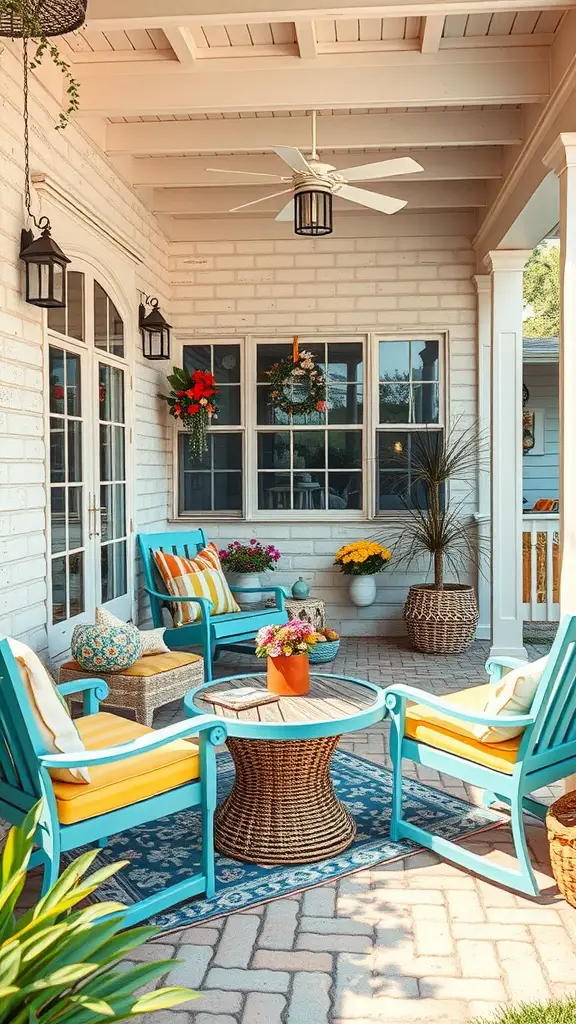 Cozy patio with blue chairs, yellow cushions, and colorful flowers.