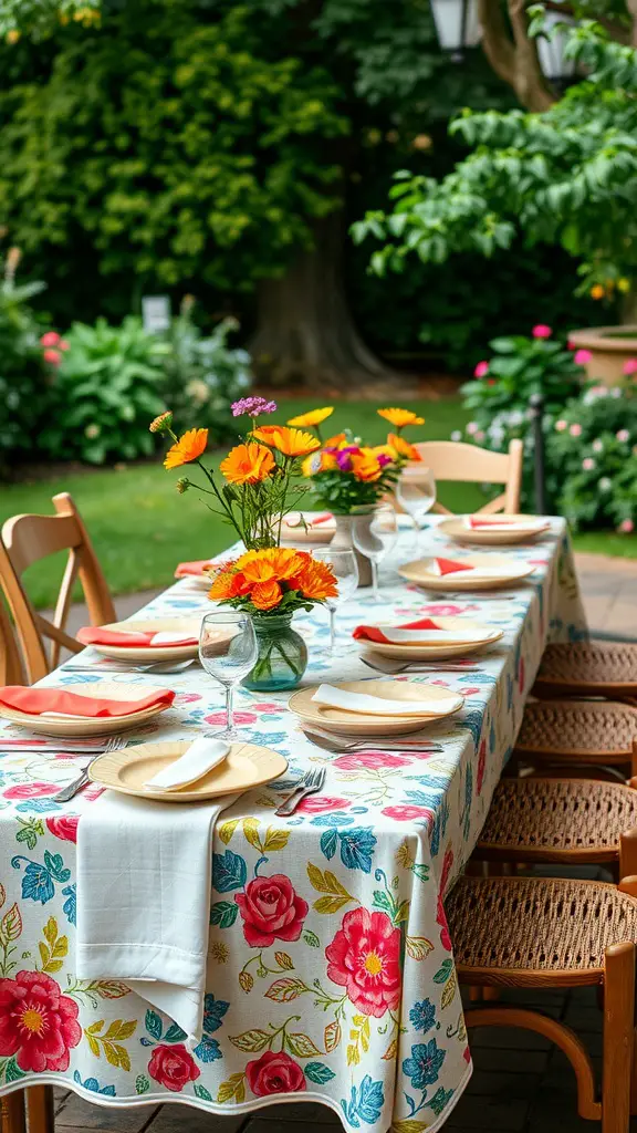 A beautifully set outdoor dining table with a floral tablecloth and vibrant flowers.