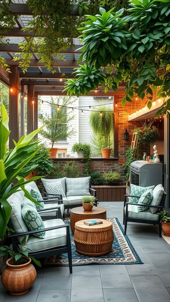 A cozy outdoor lounge with comfortable seating, lush green plants, and string lights.