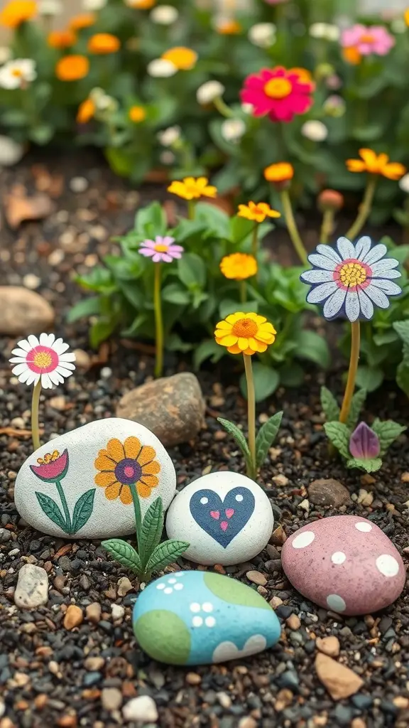 Colorful painted rocks used as garden markers alongside blooming flowers in a garden setting.