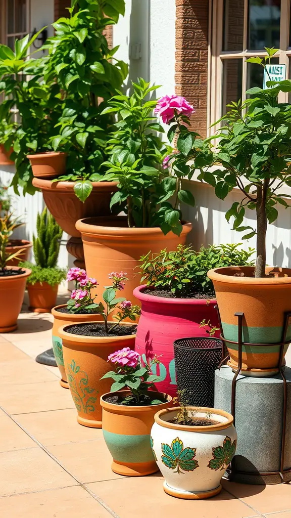 Colorful painted terra cotta pots with various plants in a sunny outdoor setting.