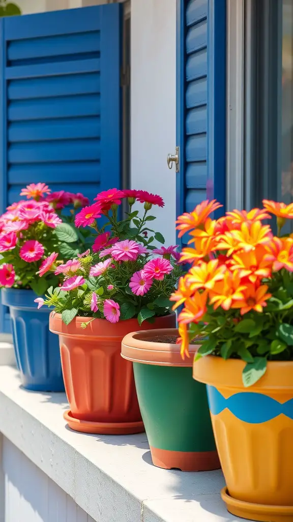 Brightly painted terracotta pots with flowers on a window ledge