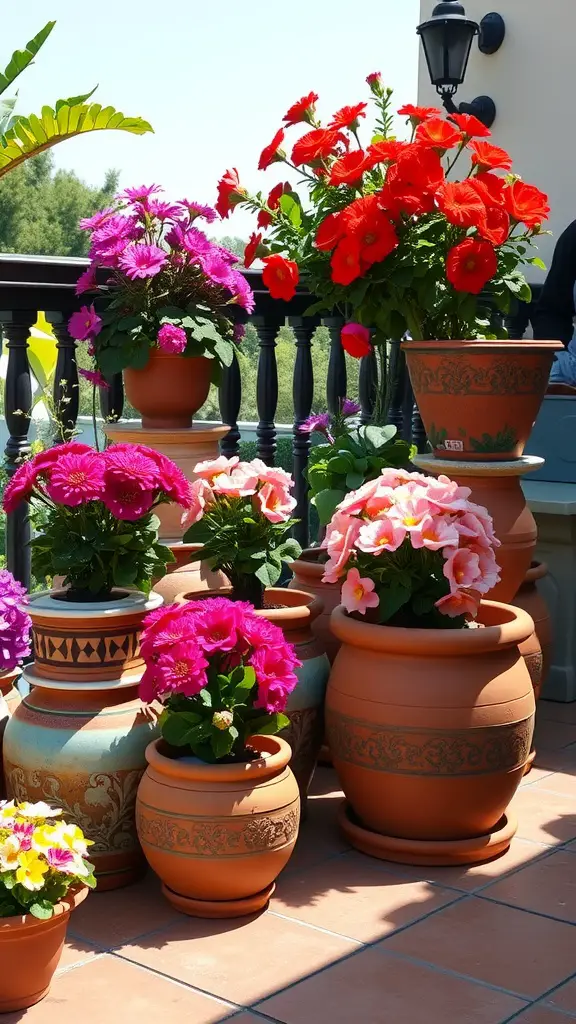 Colorful painted terracotta pots with blooming flowers on a sunny deck
