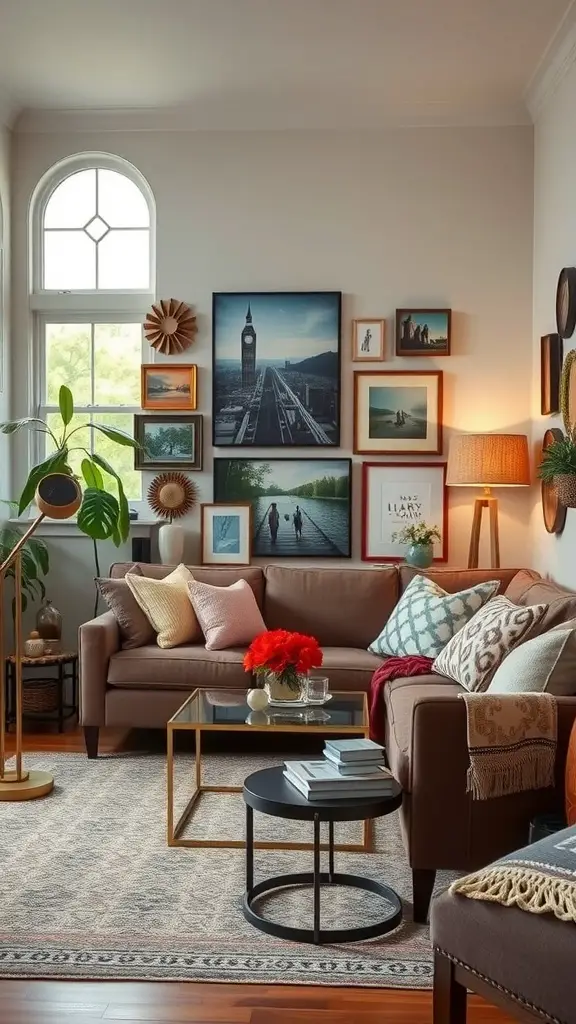 A cozy living room featuring framed photographs on the walls, a stylish coffee table, soft cushions, and a playful puppy.