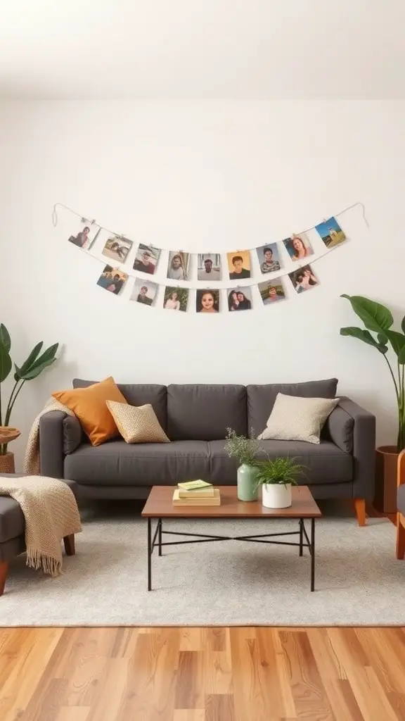 Photo garland displayed in a cozy living room over a sofa.