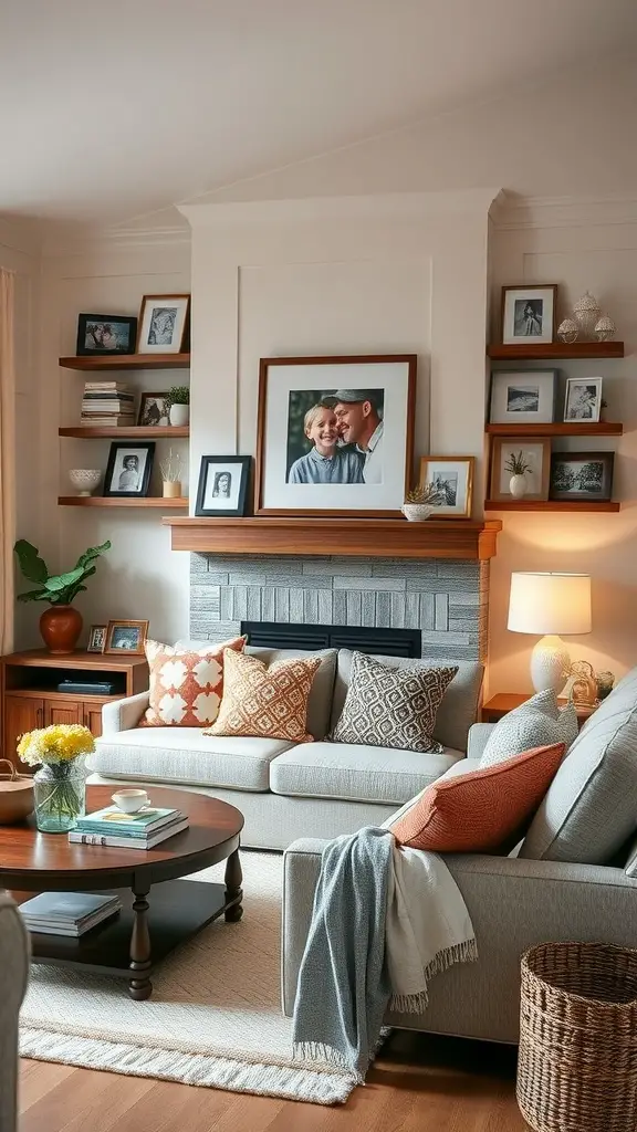 Cozy living room with family photos, patterned pillows, a coffee table, and plants.