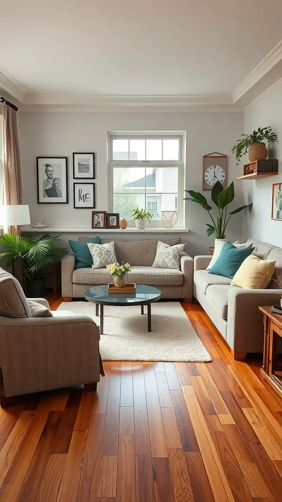 A cozy living room featuring wood floors, plants, and personalized decor.