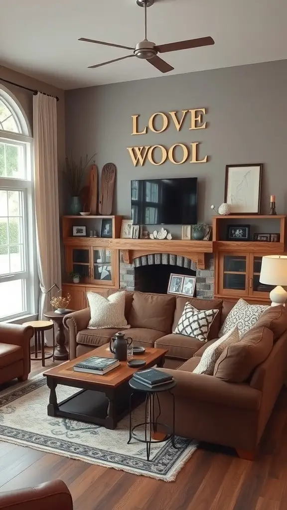 A cozy living room featuring barn wood decor with warm wooden elements, comfortable seating, and rustic accents.