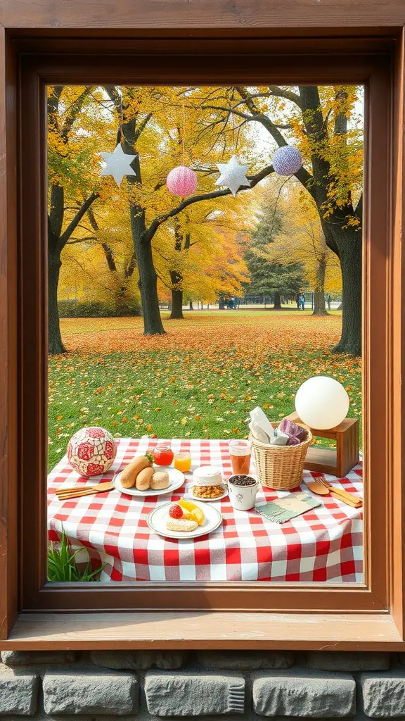 A charming picnic setup with a red and white checkered tablecloth, featuring snacks and drinks, framed by a cozy window and surrounded by autumn leaves.