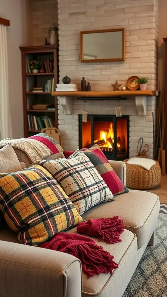 Cozy living room with plaid pillows and a warm fireplace