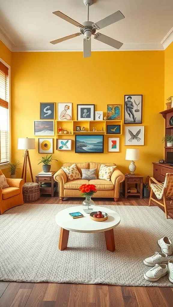 Living room with yellow walls, orange sofa, colorful artwork, and playful decor accessories.
