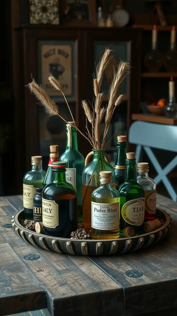 A decorative tray filled with colorful potion bottles and natural elements, creating a witchy aesthetic.