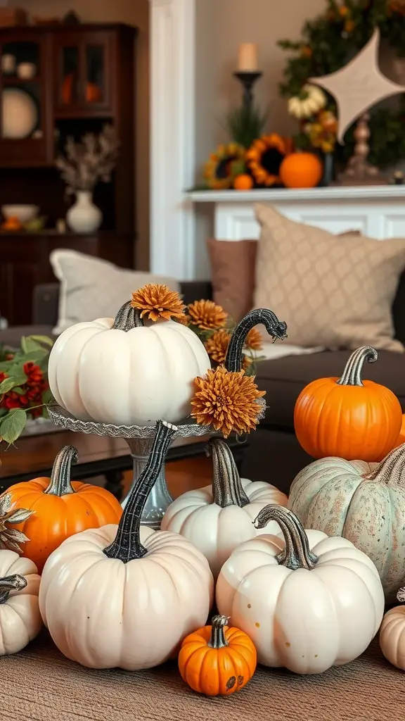 A cozy living room with a variety of pumpkins as decor, featuring warm colors and a comfortable atmosphere.