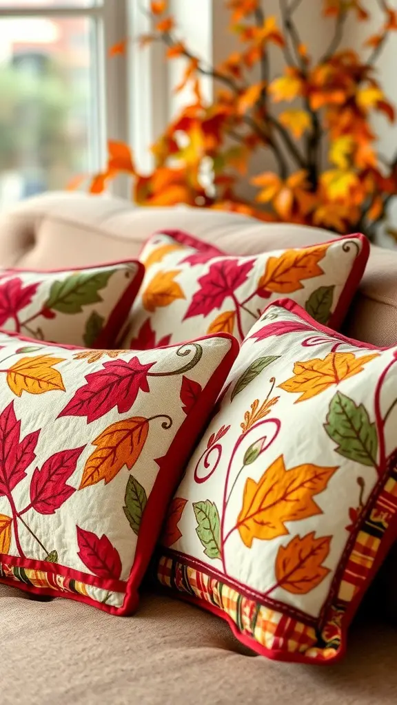 Cozy quilted fall pillows with colorful leaf patterns on a sofa