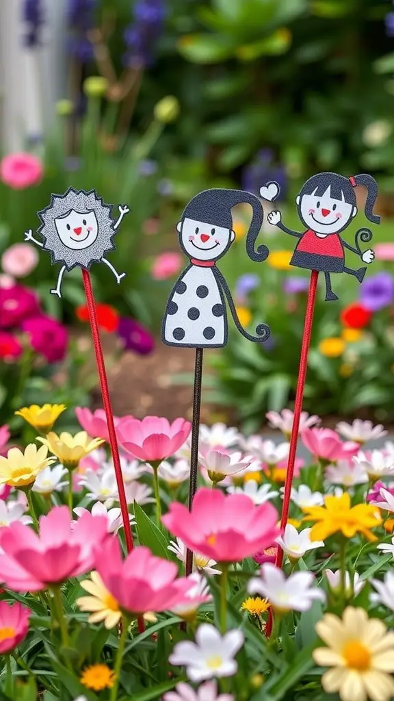 Colorful garden stakes among blooming flowers