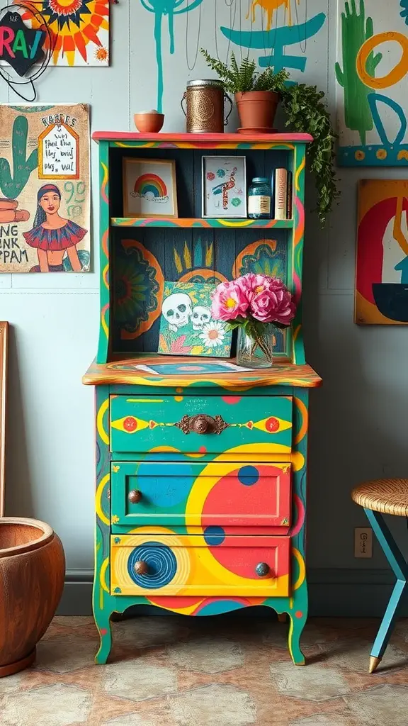 A colorful upcycled dresser with animal motifs and vibrant designs, placed against a modern art backdrop.