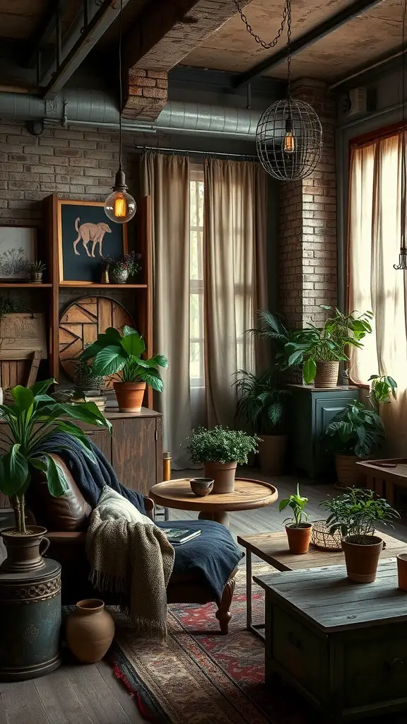 A cozy room with reclaimed wood furniture, plants, and warm lighting.