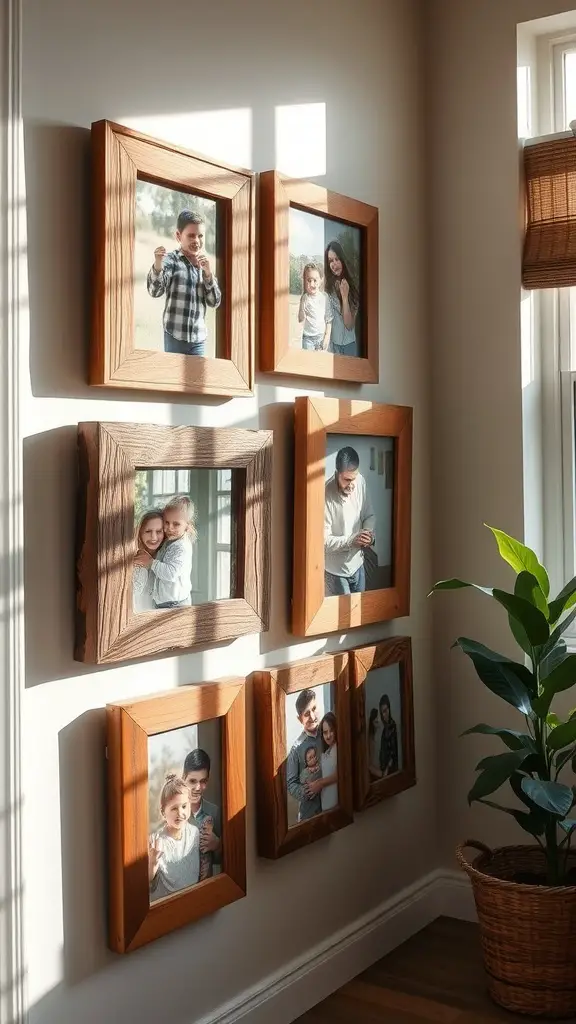 A display of reclaimed wood picture frames with various photographs on a white wall, illuminated by sunlight.