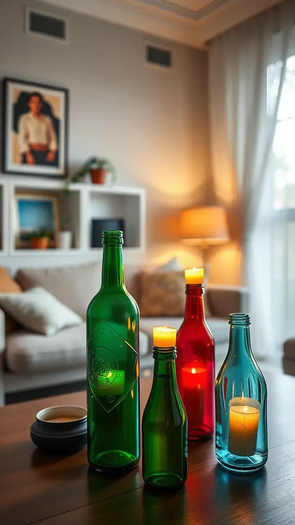 Colorful recycled bottles with candles, creating a cozy atmosphere in a living room.