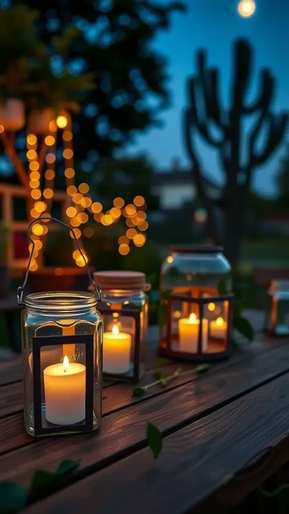 A collection of recycled jar lanterns with candles glowing inside, set on a wooden table with a soft, glowing background.