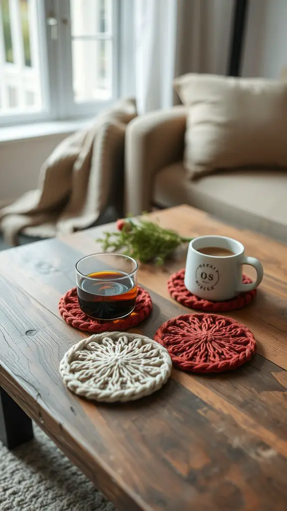 Coasters made from recycled sweaters on a wooden table with coffee and tea