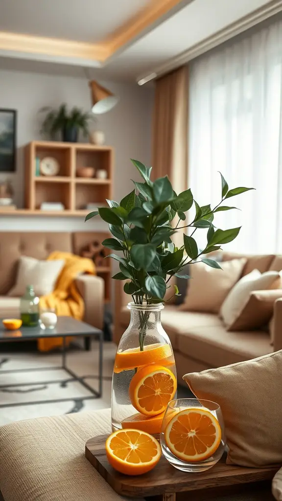 A living room with a vase of oranges, green leaves, and cozy decor