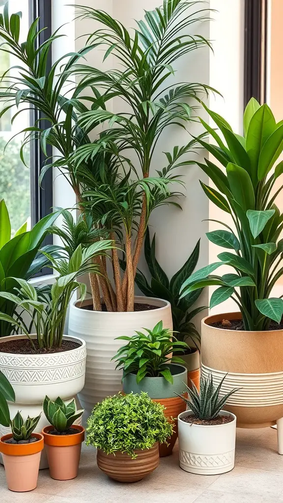 A variety of indoor plants in decorative pots arranged indoors near a bright window.