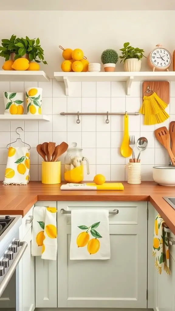Bright kitchen with lemon-themed decorations including dish towels, plates, and a flower vase.
