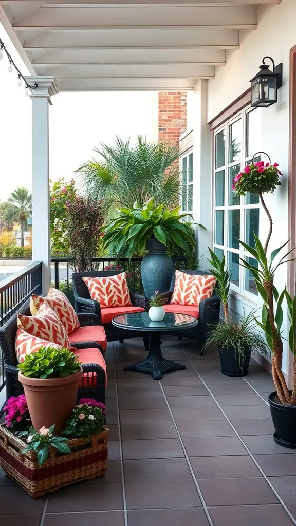 A cozy outdoor patio with black wicker chairs, orange cushions, a round table, and various potted plants.