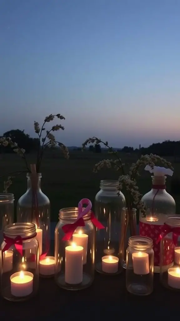 A collection of repurposed glass jars with candles and flowers, creating a warm summer evening decor.