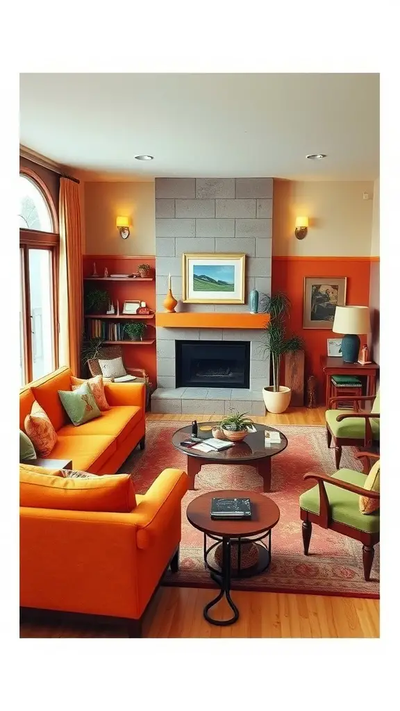 A vibrant 70s aesthetic living room with an orange sofa, green chairs, and warm wall colors