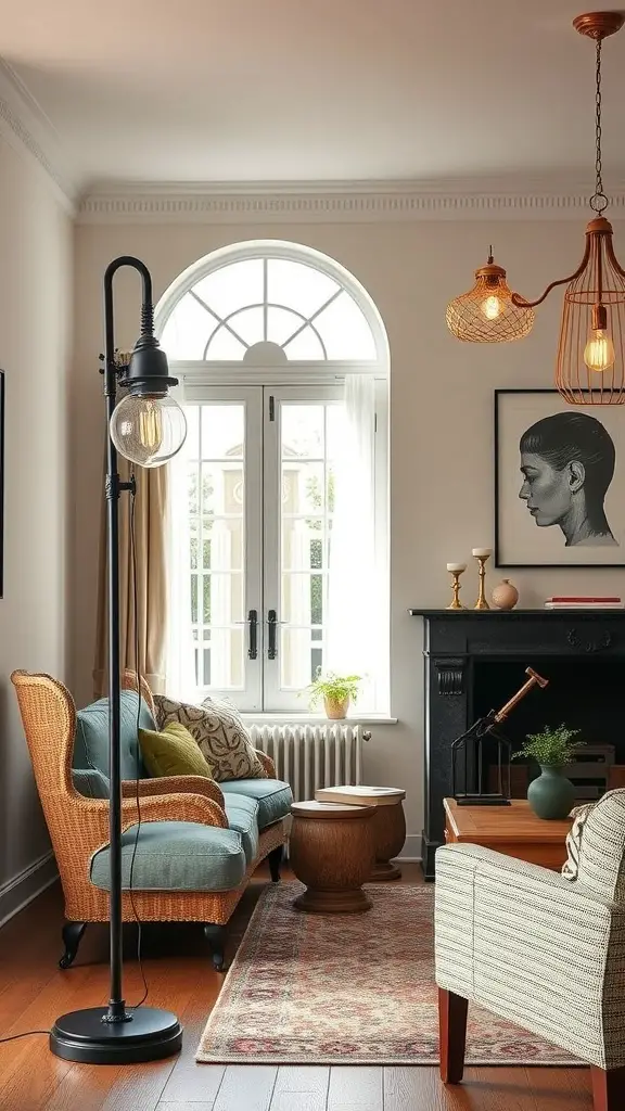 A vintage aesthetic living room featuring a floor lamp and pendant lights.