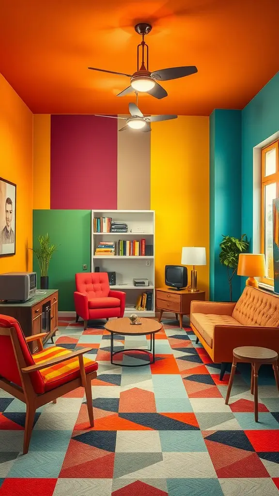 A vibrant retro living room with an orange ceiling, multi-colored walls, and colorful furniture.