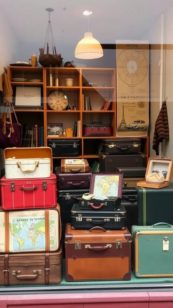 A retro-themed window display featuring vintage suitcases, travel decor, and a map.