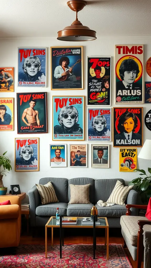 A cozy living room with retro wall art featuring vibrant posters of musicians and iconic figures from the 1970s.