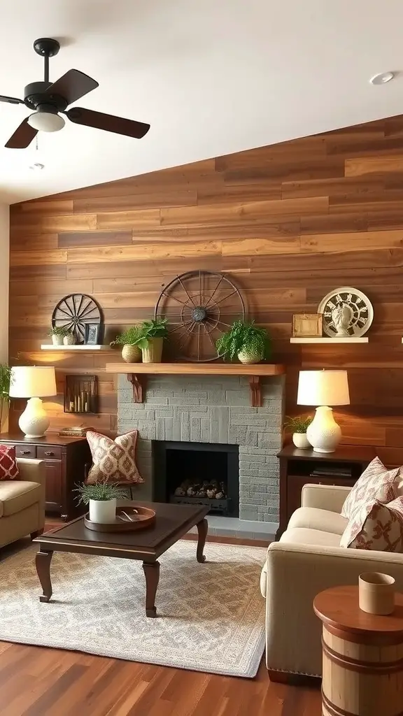 A living room featuring a reclaimed barn wood wall, cozy sofas, and rustic decor elements.