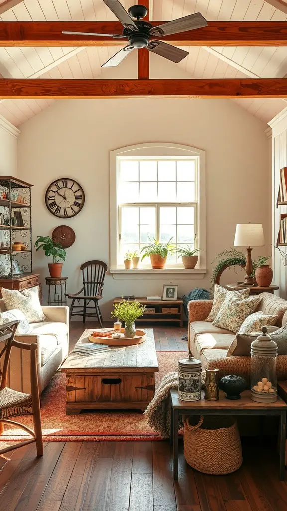 Cozy living room with high ceiling, wooden beams, and rustic furniture.