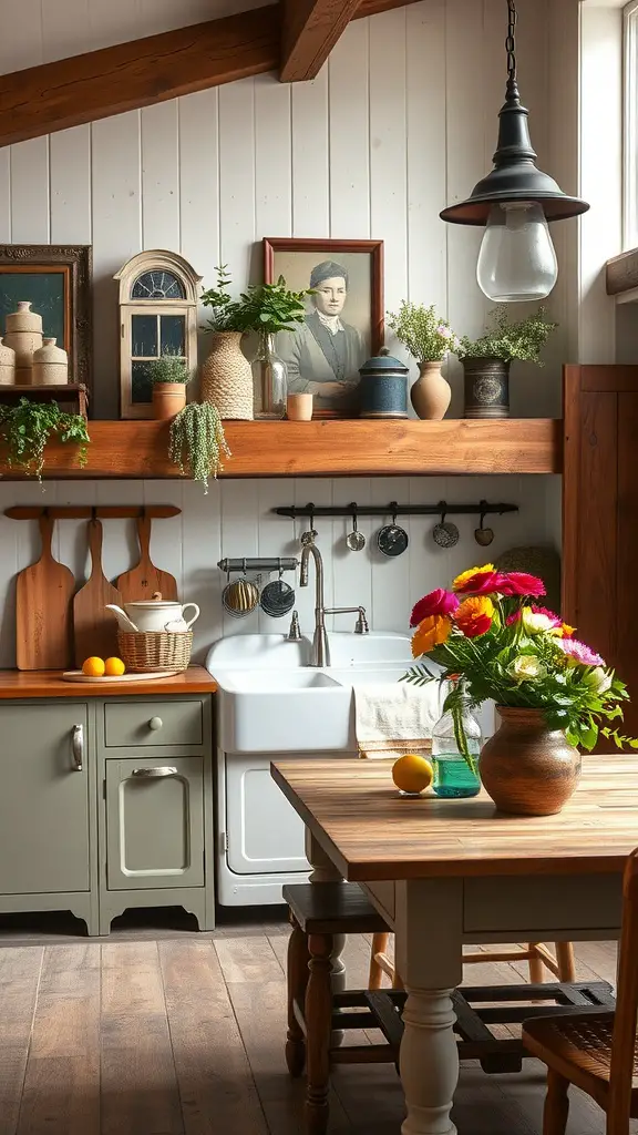 A rustic kitchen featuring wooden shelves filled with vintage kitchenware, plants, and bright flowers.