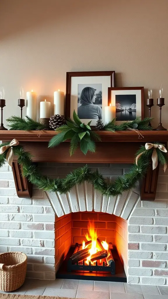 A rustic fireplace mantel decorated with candles, pinecones, and greenery, featuring framed pictures above and a warm fire below.