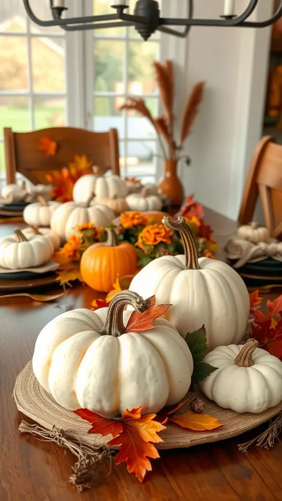 Rustic pumpkin centerpiece with orange and white pumpkins surrounded by autumn leaves on a wooden table.