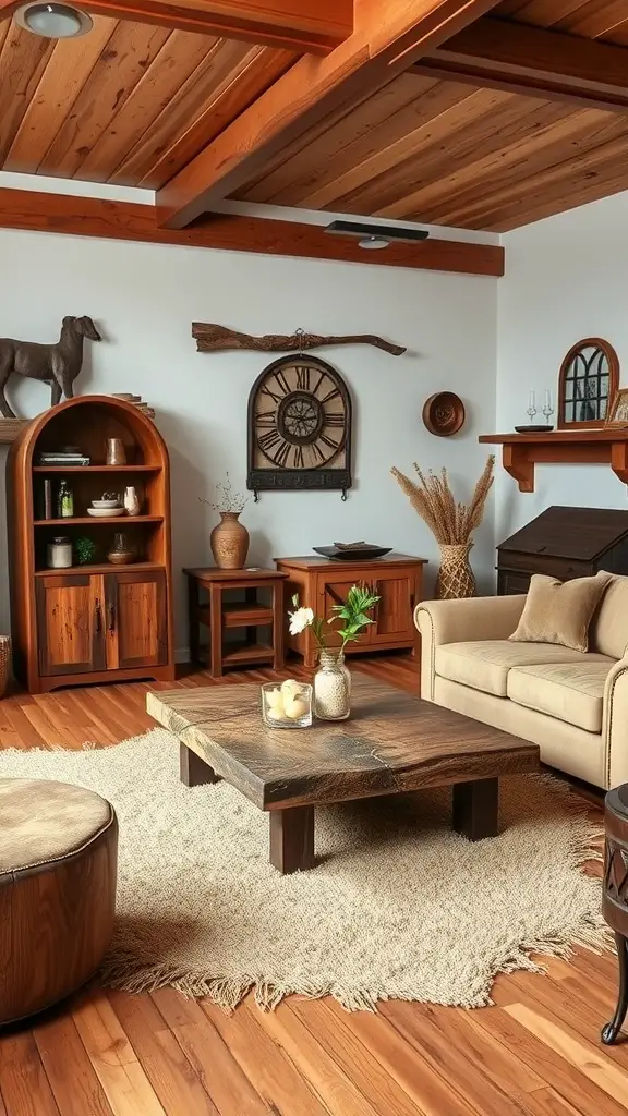A cozy living room featuring rustic wooden accents, a large coffee table, and warm lighting.